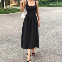 Polyester Waist-controlled One-piece Dress mid-long style & backless Spandex patchwork Solid black PC