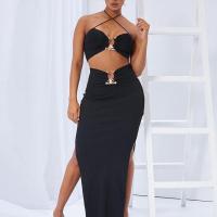 Polyester Sexy Package Hip Dresses backless patchwork Solid black PC
