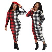 Polyester long style & High Waist & Step Skirt One-piece Dress Spandex printed plaid PC