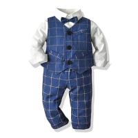 Cotton Boy Clothing Set & three piece vest & Pants & top printed plaid deep blue Set