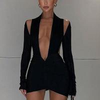 Polyester High Waist Sexy Package Hip Dresses deep V & backless Solid black PC
