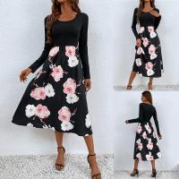 Polyester A-line One-piece Dress mid-long style Spandex printed floral black PC
