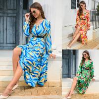 Polyester Waist-controlled One-piece Dress mid-long style & deep V Cotton printed abstract pattern PC