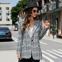 Polyester Women Suit Coat printed plaid gray PC