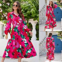 Polyester One-piece Dress mid-long style Cotton printed floral red PC