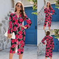 Polyester One-piece Dress mid-long style & deep V Cotton printed floral red PC