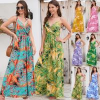 Polyester long style & High Waist One-piece Dress deep V Cotton printed Plant PC