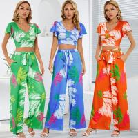 Cotton Women Casual Set slimming & two piece & with pocket Polyester Long Trousers & top printed Plant Set