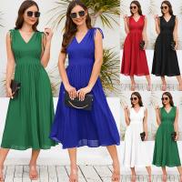 Polyester Slim & long style & Pleated One-piece Dress deep V Solid PC
