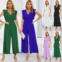 Polyester scallop & Slim Long Jumpsuit deep V & with belt Solid PC