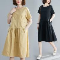 Polyester & Cotton One-piece Dress large hem design & mid-long style & slimming & loose Solid PC