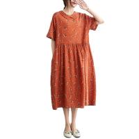 Cotton Linen One-piece Dress large hem design & mid-long style & slimming & loose printed shivering PC