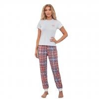 Spandex & Polyester Women Pajama Set flexible & two piece & breathable Pants & top printed plaid Set
