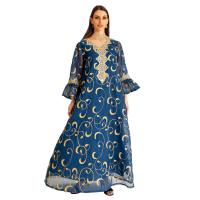 Polyester long style Middle Eastern Islamic Muslim Dress Gauze embroidered blue PC