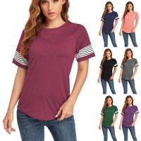 Polyester & Cotton Women Short Sleeve T-Shirts & loose patchwork striped PC
