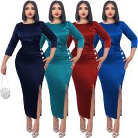 Polyester Sexy Package Hip Dresses mid-long style & side slit & with belt Solid PC