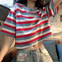 Polyester Women Short Sleeve T-Shirts slimming printed striped PC
