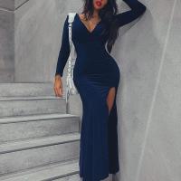 Polyester High Waist Sexy Package Hip Dresses deep V Solid deep blue PC