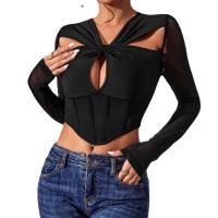 Spandex & Polyester Waist-controlled Women Long Sleeve T-shirt see through look patchwork Solid black PC