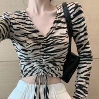 Polyester Drawstring Design & Slim Women Long Sleeve Blouses printed striped PC