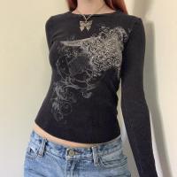 Baumwolle Frauen Langarm T-shirt, Gedruckt, Schwarz,  Stück
