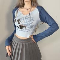 綿 女性ロングスリーブTシャツ 印刷 青 一つ