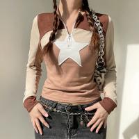 Polyester Slim Women Long Sleeve T-shirt patchwork khaki PC