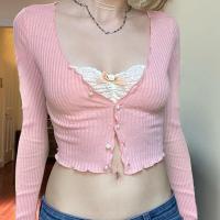 綿 女性ロングスリーブTシャツ パッチワーク 単色 ピンク 一つ