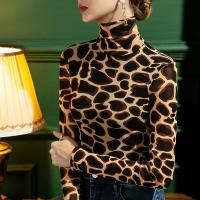 Cotton Slim Women Long Sleeve Blouses printed leopard black PC
