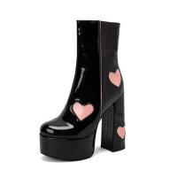 PU Leather chunky Women Martens Boots & anti-skidding Rubber Solid black Pair