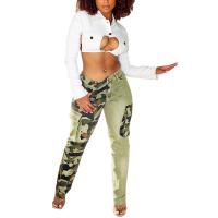 Polyester Slim & High Waist Women Long Trousers camouflage green PC