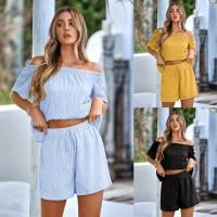 Polyester Women Casual Set & two piece & off shoulder & loose short & top Solid Set