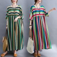 Polyester & Cotton long style One-piece Dress large hem design & loose printed striped : PC