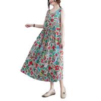 Cotton Waist-controlled One-piece Dress & loose printed shivering green PC