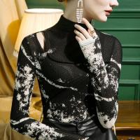 Polyamide Vrouwen lange mouwen blouses Lappendeken slangenhuidpatroon Zwarte stuk