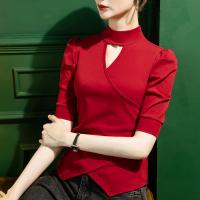 Cotton Slim Women Five Point Sleeve Blouses patchwork Solid PC