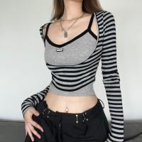Polyester Women Long Sleeve Blouses & two piece printed striped gray Set