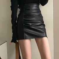 PU Leather A-line Skirt slimming patchwork Solid black PC