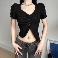 Polyester Slim Women Short Sleeve T-Shirts irregular patchwork Solid black PC
