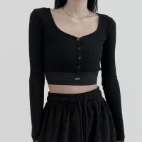 Cotton Slim Women Long Sleeve T-shirt patchwork Solid black PC