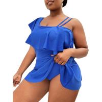 Spandex & Polyester scallop & Plus Size Tankinis Set & padded & One Shoulder plain dyed Solid Set