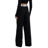 Mixed Fabric Slim Wide Leg Trousers plain dyed Solid black :L PC