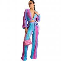 Polyester Women Casual Set & two piece Long Trousers & top printed geometric Set