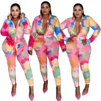 Spandex & Polyester Plus Size Women Casual Set & two piece Long Trousers & top printed pink Set