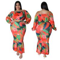 Spandex & Polyester scallop & Plus Size Two-Piece Dress Set printed red Set