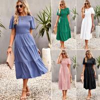 Polyester Waist-controlled & scallop & long style One-piece Dress large hem design patchwork Solid PC