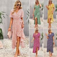 Polyester Waist-controlled & long style One-piece Dress deep V printed Plant PC