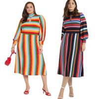 Polyester Plus Size One-piece Dress mid-long style printed striped PC