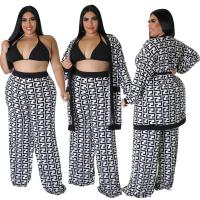 Spandex & Polyester Plus Size Women Casual Set & three piece Long Trousers & tank top & coat printed white Set