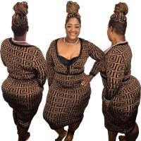 Spandex & Polyester Plus Size Two-Piece Dress Set deep V printed brown Set